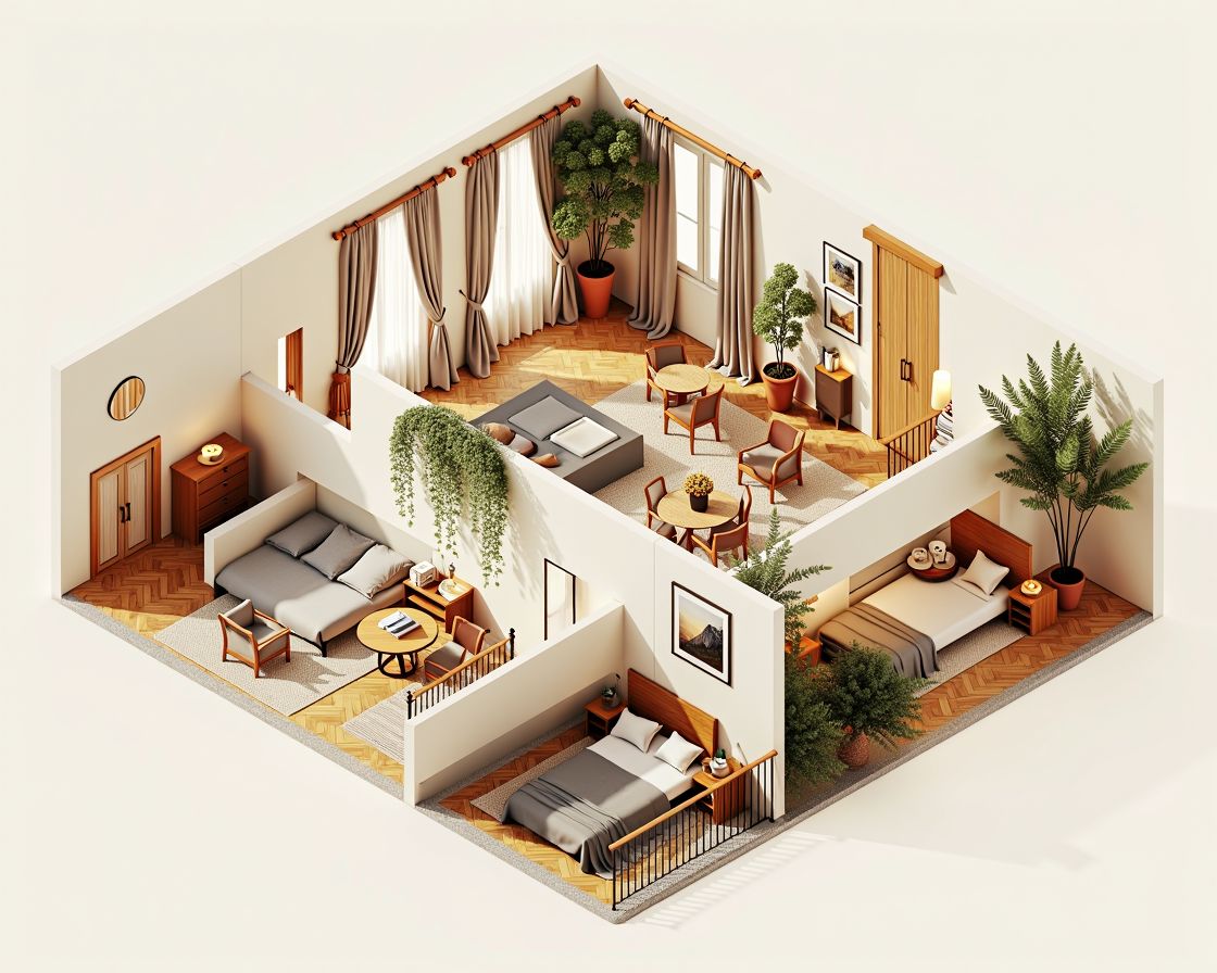 Vista 3D isométrica de la vivienda propuesta en Malasaña · Madrid
