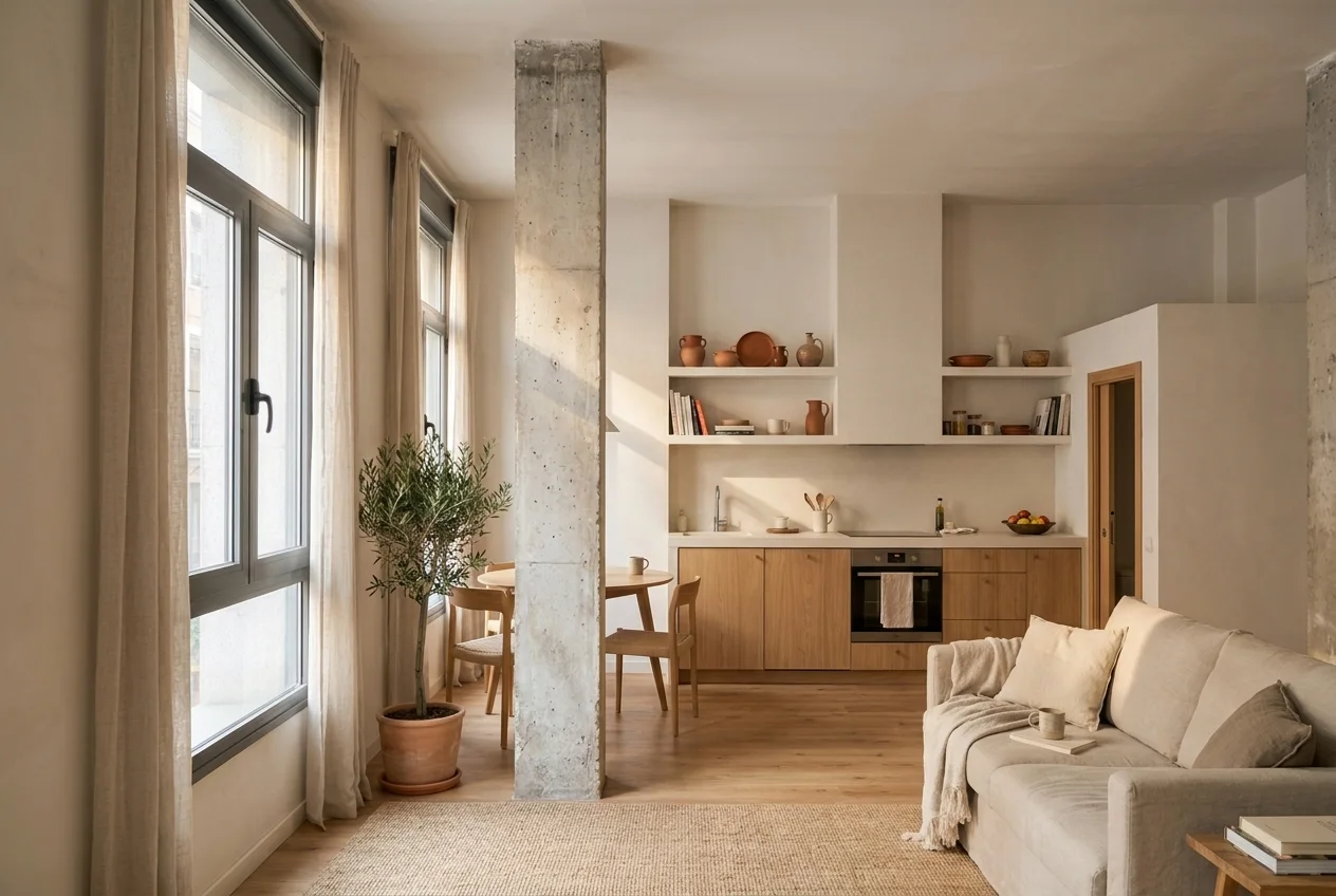El mismo espacio convertido en vivienda: cocina, salón y dormitorio, con el mismo pilar y las mismas ventanas