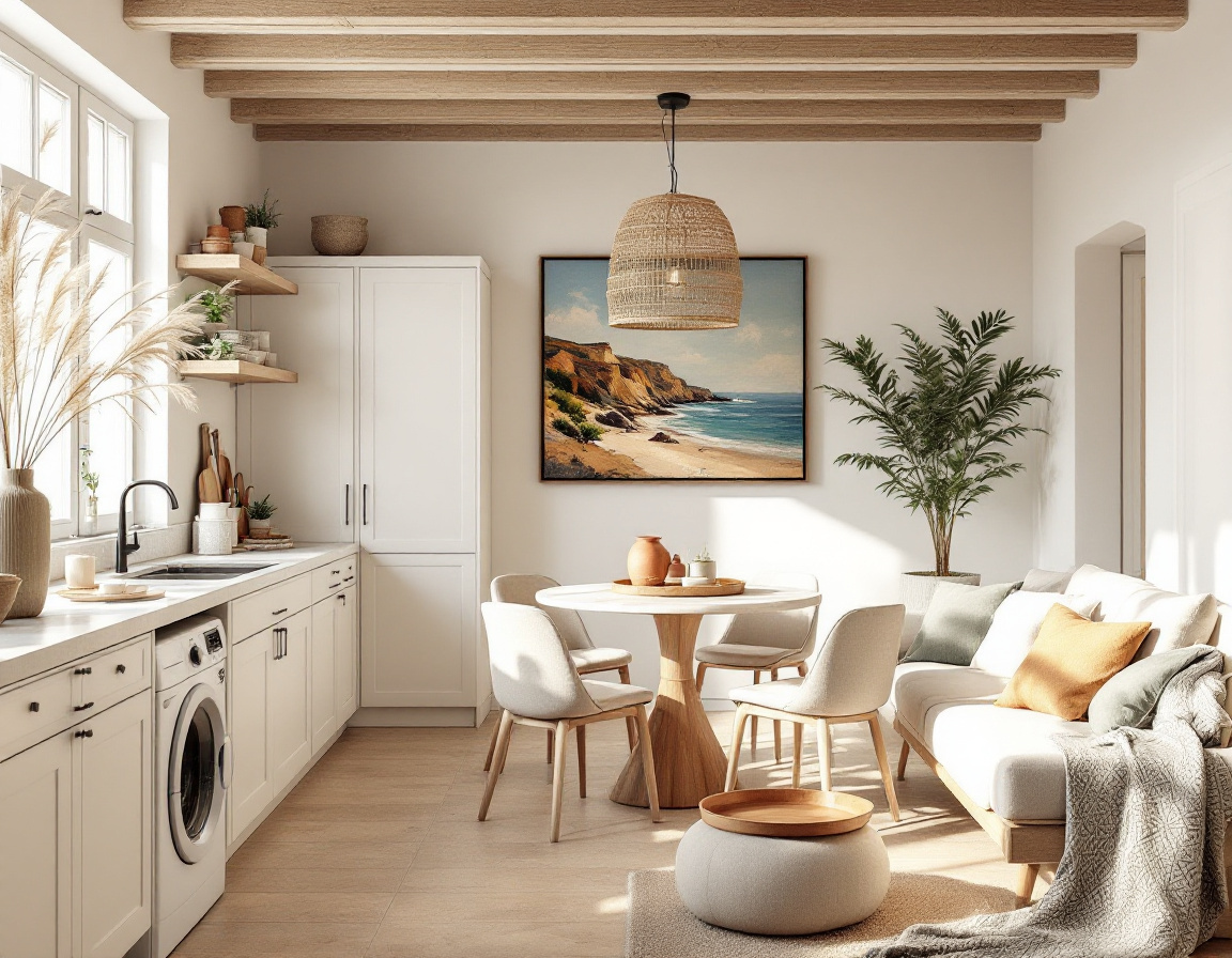 Salón–comedor–cocina de la vivienda propuesta, estilo mediterráneo cálido